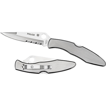 Spyderco Police Stainless Folding Knife - 4.125" VG10 Satin Partially Serrated Blade, Stainless Steel Handles, Lockback - C07P